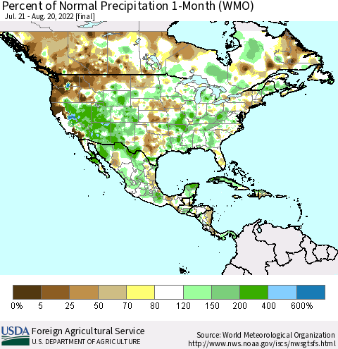 North America Percent of Normal Precipitation 1-Month (WMO) Thematic Map For 7/21/2022 - 8/20/2022