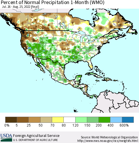 North America Percent of Normal Precipitation 1-Month (WMO) Thematic Map For 7/26/2022 - 8/25/2022