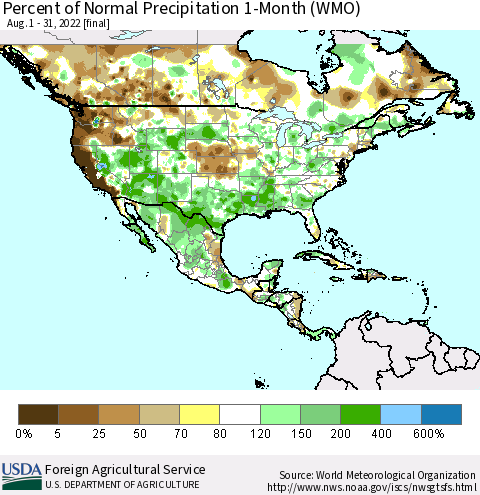 North America Percent of Normal Precipitation 1-Month (WMO) Thematic Map For 8/1/2022 - 8/31/2022