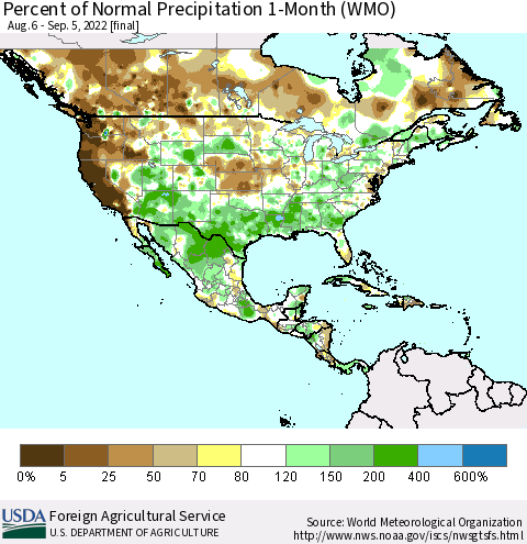 North America Percent of Normal Precipitation 1-Month (WMO) Thematic Map For 8/6/2022 - 9/5/2022