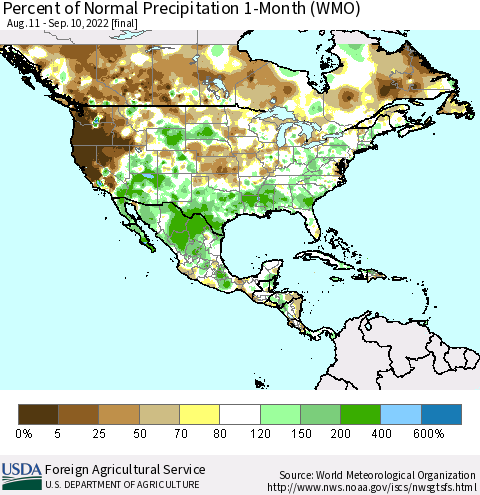 North America Percent of Normal Precipitation 1-Month (WMO) Thematic Map For 8/11/2022 - 9/10/2022