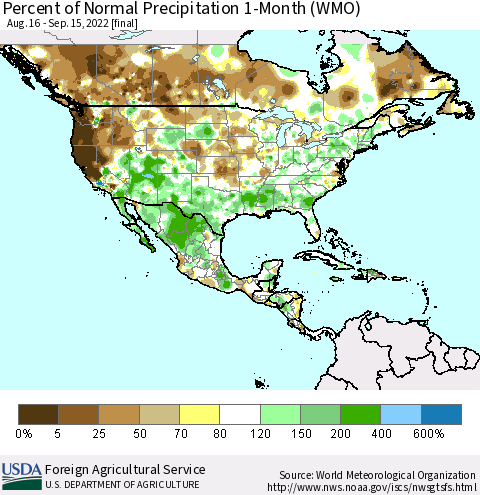 North America Percent of Normal Precipitation 1-Month (WMO) Thematic Map For 8/16/2022 - 9/15/2022