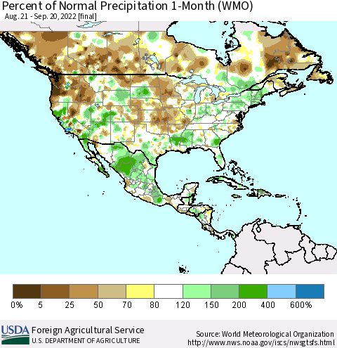 North America Percent of Normal Precipitation 1-Month (WMO) Thematic Map For 8/21/2022 - 9/20/2022