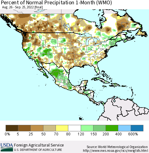 North America Percent of Normal Precipitation 1-Month (WMO) Thematic Map For 8/26/2022 - 9/25/2022