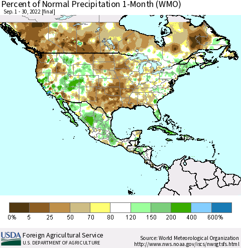 North America Percent of Normal Precipitation 1-Month (WMO) Thematic Map For 9/1/2022 - 9/30/2022