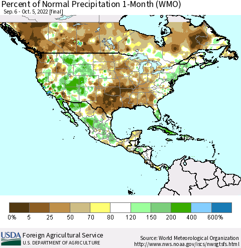 North America Percent of Normal Precipitation 1-Month (WMO) Thematic Map For 9/6/2022 - 10/5/2022