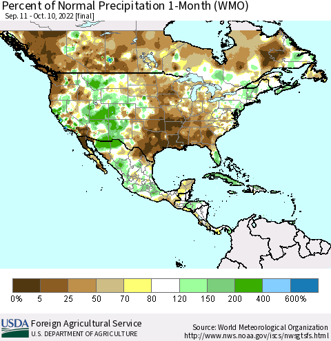 North America Percent of Normal Precipitation 1-Month (WMO) Thematic Map For 9/11/2022 - 10/10/2022