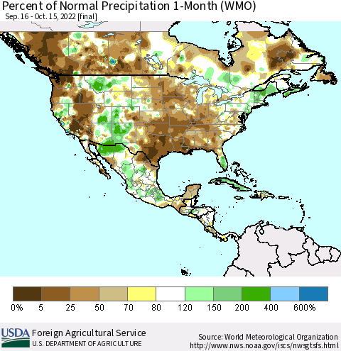 North America Percent of Normal Precipitation 1-Month (WMO) Thematic Map For 9/16/2022 - 10/15/2022