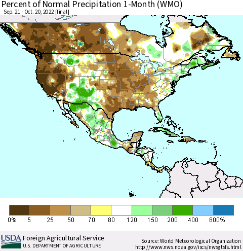North America Percent of Normal Precipitation 1-Month (WMO) Thematic Map For 9/21/2022 - 10/20/2022