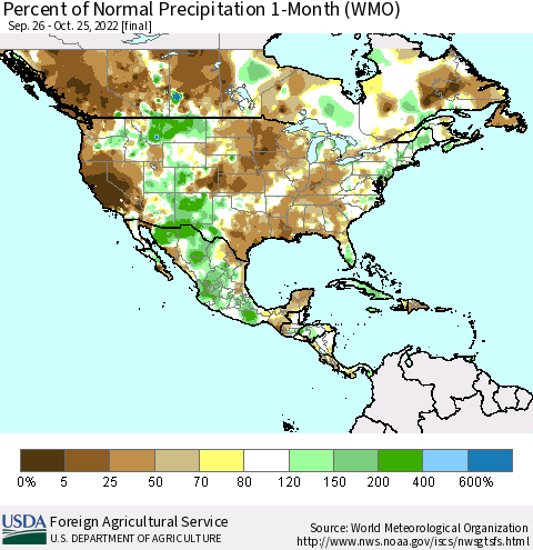 North America Percent of Normal Precipitation 1-Month (WMO) Thematic Map For 9/26/2022 - 10/25/2022