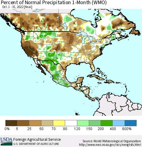 North America Percent of Normal Precipitation 1-Month (WMO) Thematic Map For 10/1/2022 - 10/31/2022