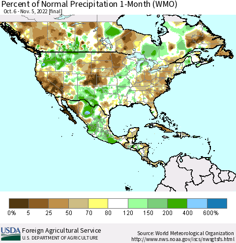 North America Percent of Normal Precipitation 1-Month (WMO) Thematic Map For 10/6/2022 - 11/5/2022