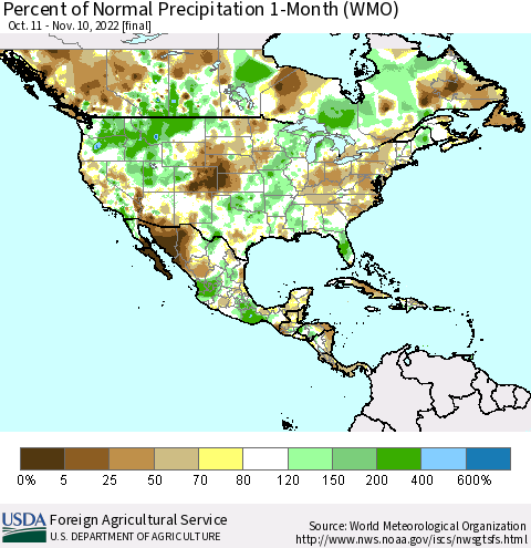 North America Percent of Normal Precipitation 1-Month (WMO) Thematic Map For 10/11/2022 - 11/10/2022