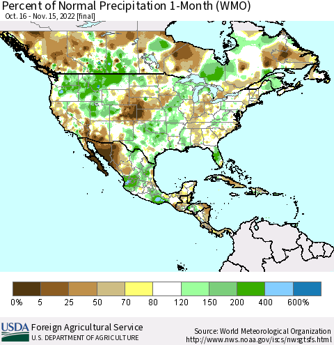 North America Percent of Normal Precipitation 1-Month (WMO) Thematic Map For 10/16/2022 - 11/15/2022