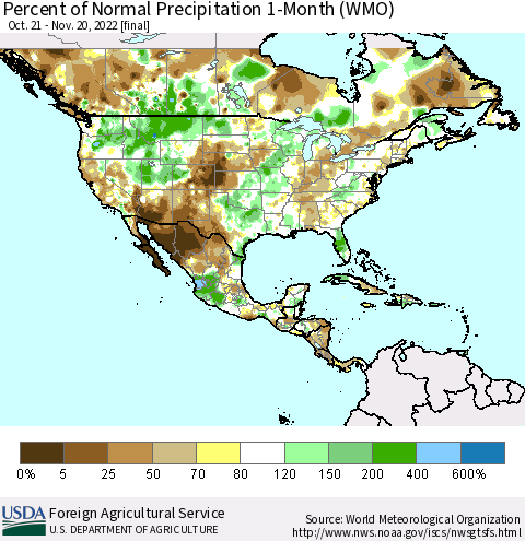 North America Percent of Normal Precipitation 1-Month (WMO) Thematic Map For 10/21/2022 - 11/20/2022