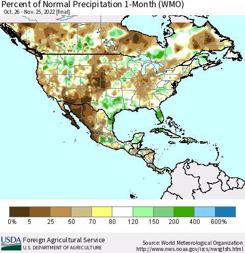 North America Percent of Normal Precipitation 1-Month (WMO) Thematic Map For 10/26/2022 - 11/25/2022