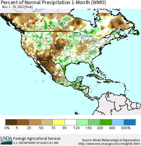 North America Percent of Normal Precipitation 1-Month (WMO) Thematic Map For 11/1/2022 - 11/30/2022