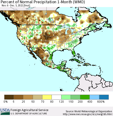 North America Percent of Normal Precipitation 1-Month (WMO) Thematic Map For 11/6/2022 - 12/5/2022