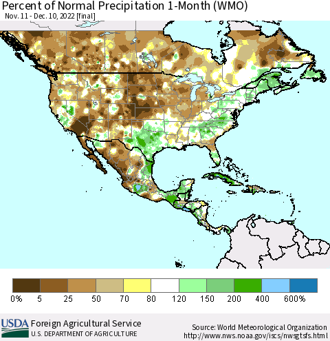North America Percent of Normal Precipitation 1-Month (WMO) Thematic Map For 11/11/2022 - 12/10/2022