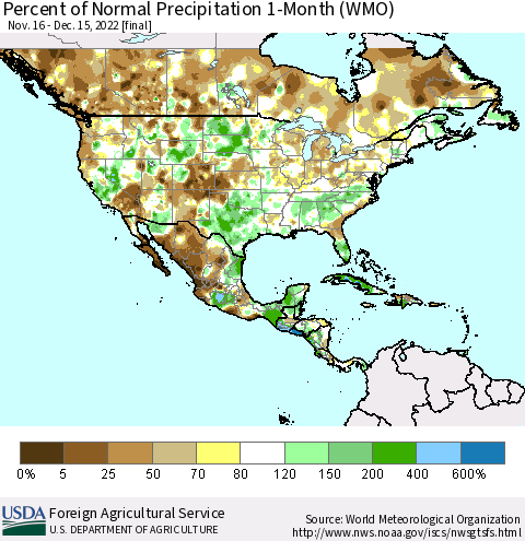 North America Percent of Normal Precipitation 1-Month (WMO) Thematic Map For 11/16/2022 - 12/15/2022