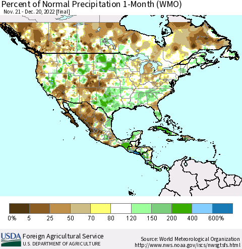 North America Percent of Normal Precipitation 1-Month (WMO) Thematic Map For 11/21/2022 - 12/20/2022