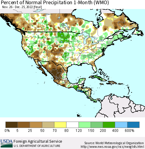 North America Percent of Normal Precipitation 1-Month (WMO) Thematic Map For 11/26/2022 - 12/25/2022