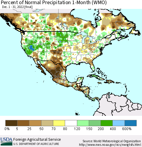 North America Percent of Normal Precipitation 1-Month (WMO) Thematic Map For 12/1/2022 - 12/31/2022