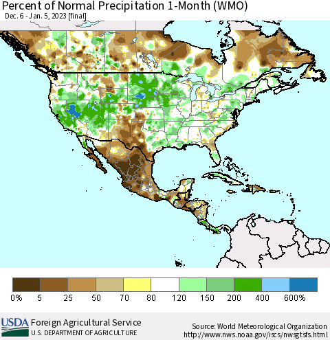 North America Percent of Normal Precipitation 1-Month (WMO) Thematic Map For 12/6/2022 - 1/5/2023