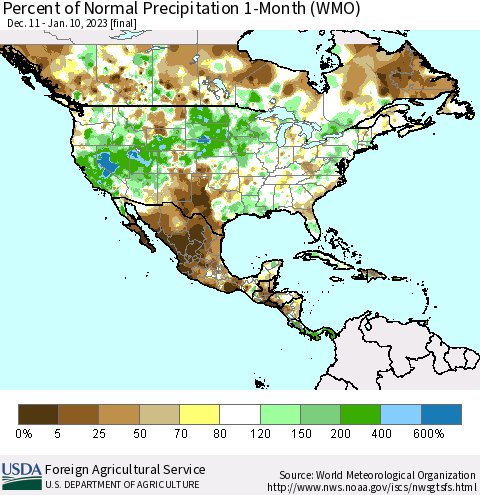 North America Percent of Normal Precipitation 1-Month (WMO) Thematic Map For 12/11/2022 - 1/10/2023