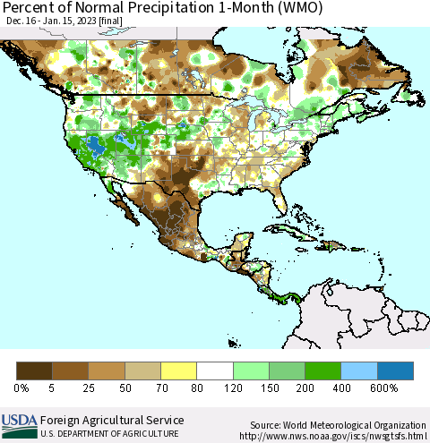 North America Percent of Normal Precipitation 1-Month (WMO) Thematic Map For 12/16/2022 - 1/15/2023