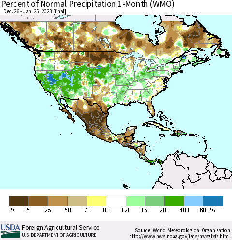 North America Percent of Normal Precipitation 1-Month (WMO) Thematic Map For 12/26/2022 - 1/25/2023