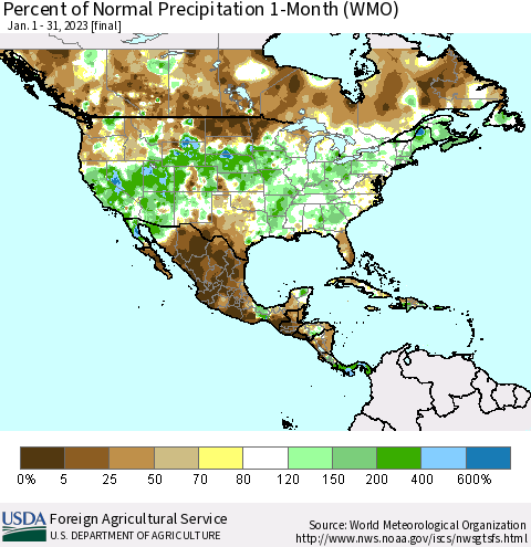 North America Percent of Normal Precipitation 1-Month (WMO) Thematic Map For 1/1/2023 - 1/31/2023