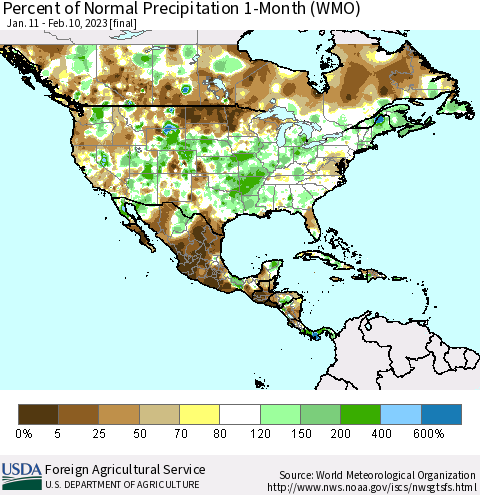 North America Percent of Normal Precipitation 1-Month (WMO) Thematic Map For 1/11/2023 - 2/10/2023