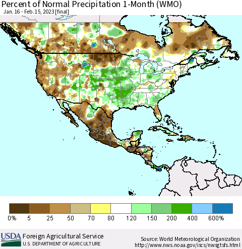 North America Percent of Normal Precipitation 1-Month (WMO) Thematic Map For 1/16/2023 - 2/15/2023