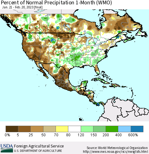 North America Percent of Normal Precipitation 1-Month (WMO) Thematic Map For 1/21/2023 - 2/20/2023