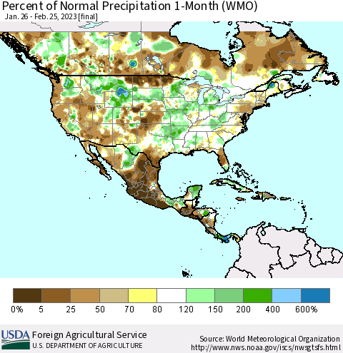 North America Percent of Normal Precipitation 1-Month (WMO) Thematic Map For 1/26/2023 - 2/25/2023