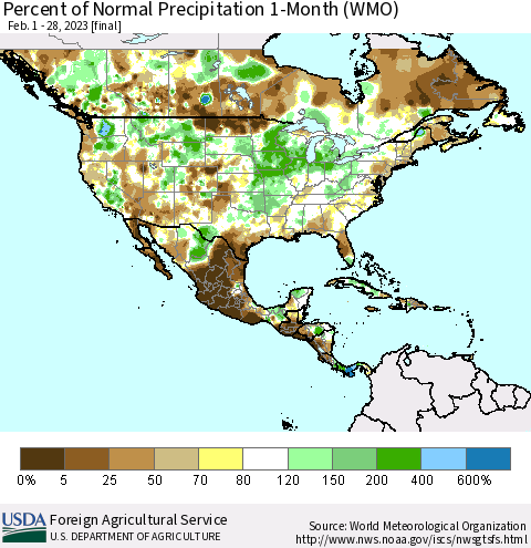 North America Percent of Normal Precipitation 1-Month (WMO) Thematic Map For 2/1/2023 - 2/28/2023