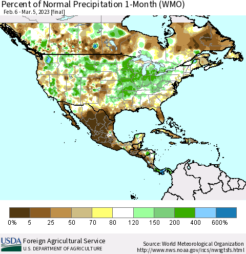 North America Percent of Normal Precipitation 1-Month (WMO) Thematic Map For 2/6/2023 - 3/5/2023