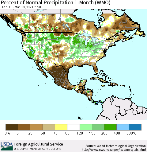 North America Percent of Normal Precipitation 1-Month (WMO) Thematic Map For 2/11/2023 - 3/10/2023
