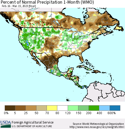 North America Percent of Normal Precipitation 1-Month (WMO) Thematic Map For 2/16/2023 - 3/15/2023