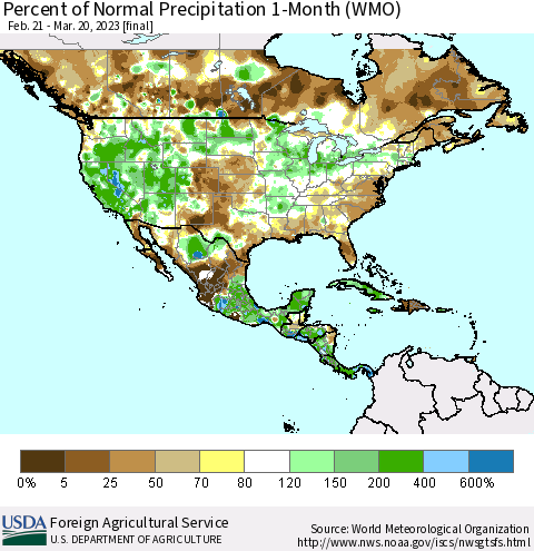 North America Percent of Normal Precipitation 1-Month (WMO) Thematic Map For 2/21/2023 - 3/20/2023