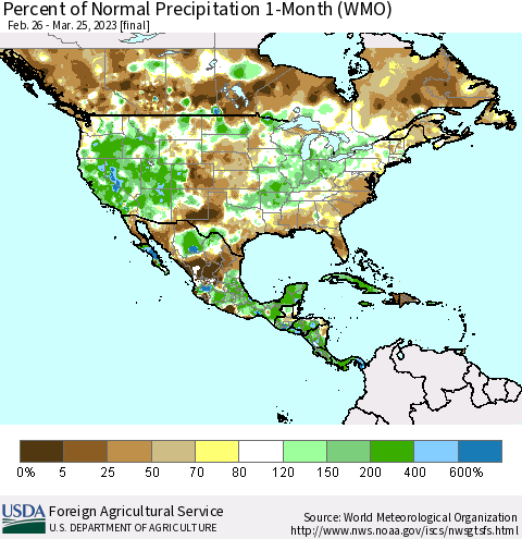 North America Percent of Normal Precipitation 1-Month (WMO) Thematic Map For 2/26/2023 - 3/25/2023