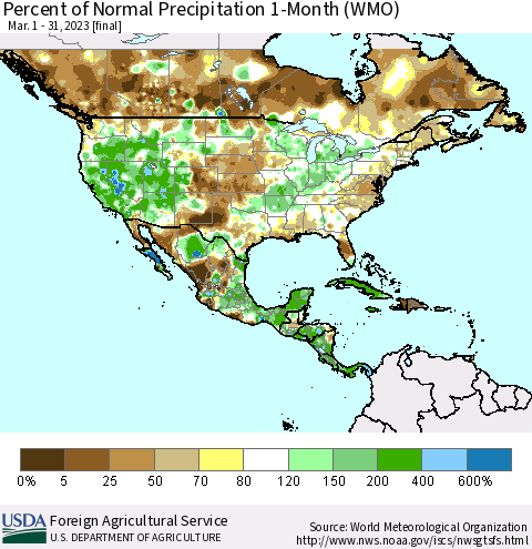 North America Percent of Normal Precipitation 1-Month (WMO) Thematic Map For 3/1/2023 - 3/31/2023