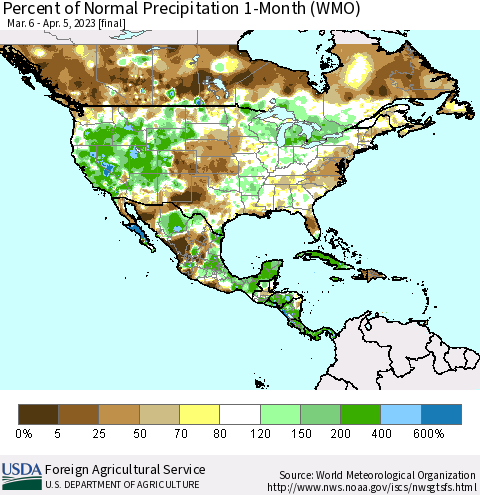 North America Percent of Normal Precipitation 1-Month (WMO) Thematic Map For 3/6/2023 - 4/5/2023