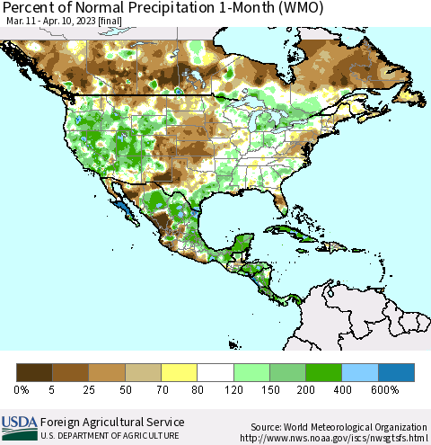 North America Percent of Normal Precipitation 1-Month (WMO) Thematic Map For 3/11/2023 - 4/10/2023