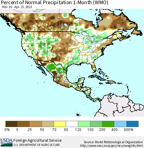 North America Percent of Normal Precipitation 1-Month (WMO) Thematic Map For 3/16/2023 - 4/15/2023