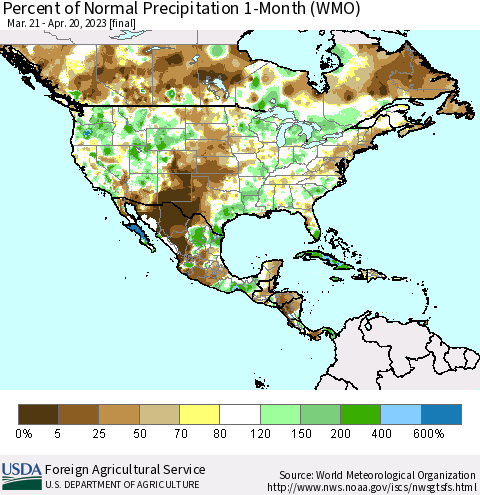 North America Percent of Normal Precipitation 1-Month (WMO) Thematic Map For 3/21/2023 - 4/20/2023