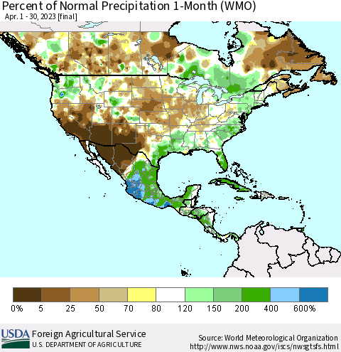 North America Percent of Normal Precipitation 1-Month (WMO) Thematic Map For 4/1/2023 - 4/30/2023