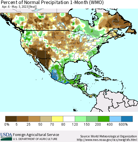 North America Percent of Normal Precipitation 1-Month (WMO) Thematic Map For 4/6/2023 - 5/5/2023
