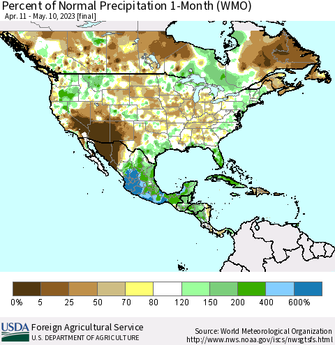 North America Percent of Normal Precipitation 1-Month (WMO) Thematic Map For 4/11/2023 - 5/10/2023